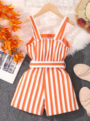 Girls Striped Print Cami Romper Shorts Jumpsuit for Vacation