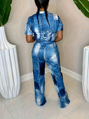 Denim Print Button Up Jumpsuit