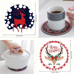 4pcs Christmas Reindeer Printed Cup Mat Diatomaceous Earth Water Absorbing Mat