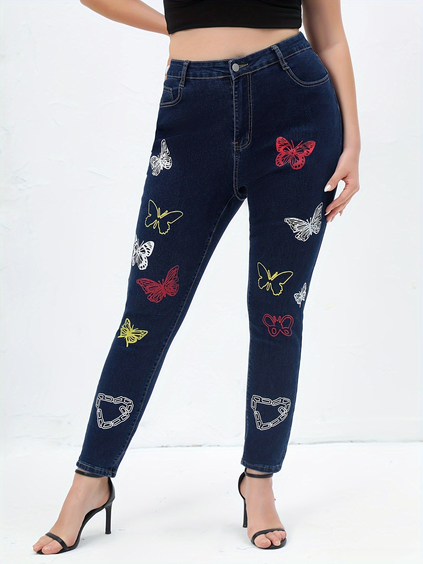 Butterfly Print High Rise Skinny Jeans