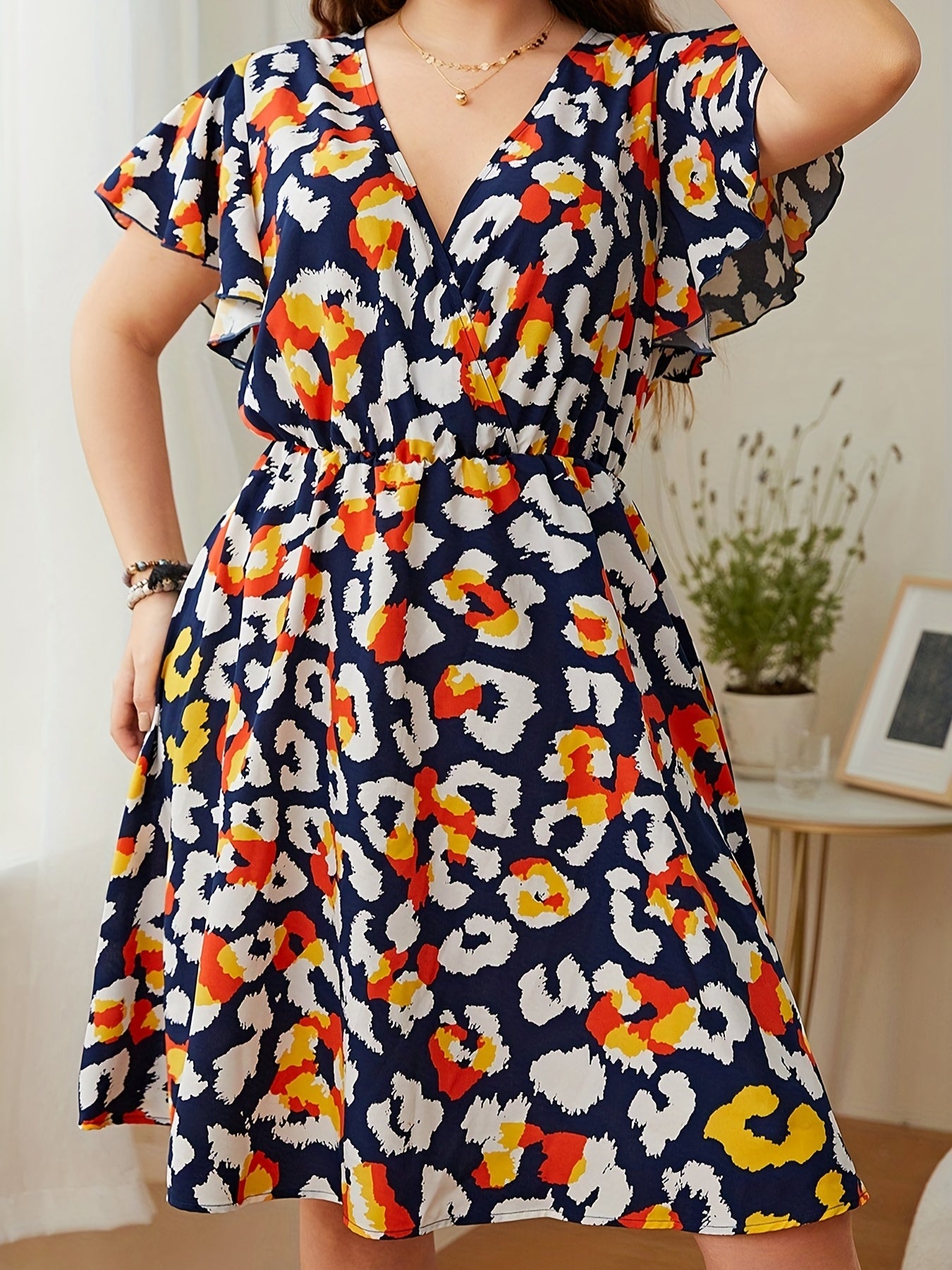 Graphic Print Ruffle Trim Cap Sleeve Mini Dress Plus Size