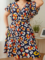 Graphic Print Ruffle Trim Cap Sleeve Mini Dress Plus Size