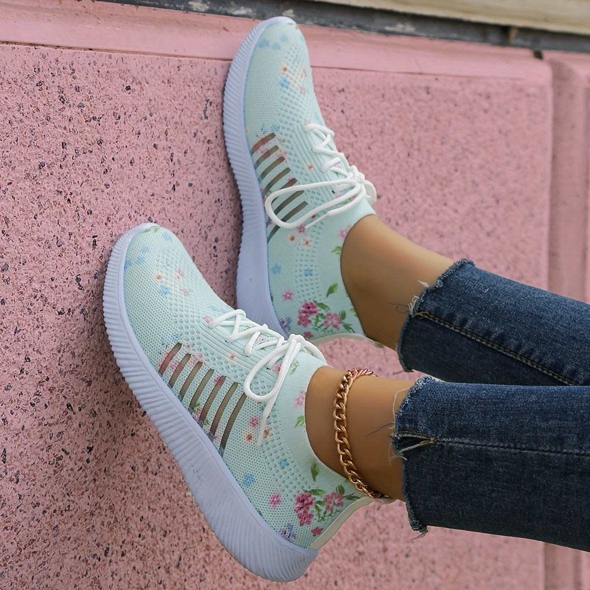 Women's Floral Print Knit Sports Shoes Lace Up Running Trainers