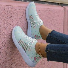 Women's Floral Print Knit Sports Shoes Lace Up Running Trainers