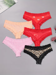 5 Pack Plus Size Sexy Panties Set Leopard & Heart Print Bikini Pant