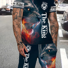 Men's 3D Lion Printed Outfit Short Sleeve T-shirt and Shorts Set