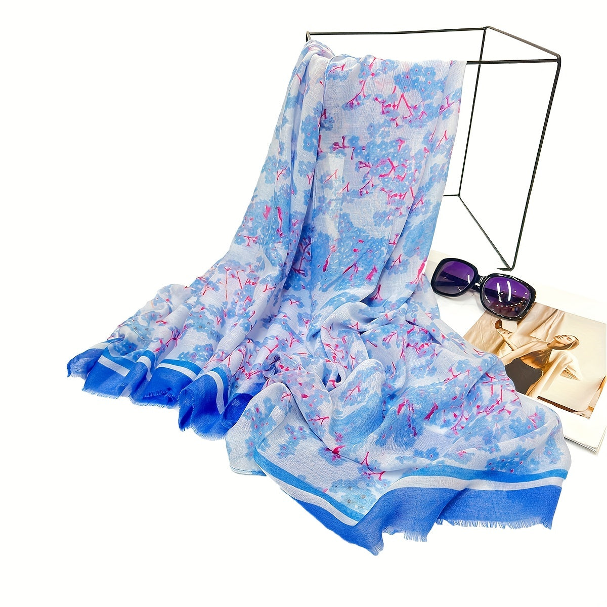 Boho Frayed Edge Floral Print Voile Scarf Large Shawl