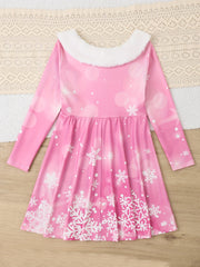 Girls Snowflake Graphic Long Sleeve Dress For Spring Fall Christmas Gift Party