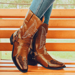 Women's Retro Embroidered Western Boots V cut Slip On Chunky Shoes