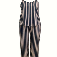Stripe Print Cami Top & Lace Bow Pants Pajama Set