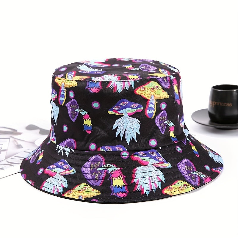 Y2K Mushroom Print Bucket Hat Cartoon Basin Hat Unisex Lightweight Fisherman Cap