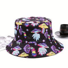 Y2K Mushroom Print Bucket Hat Cartoon Basin Hat Unisex Lightweight Fisherman Cap