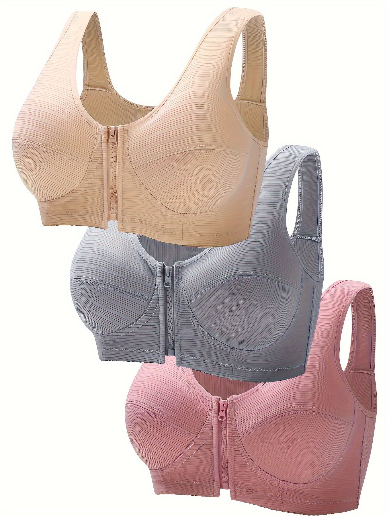 3pcs Front Buckle Wireless Bras, Comfy & Breathable Women's Lingerie