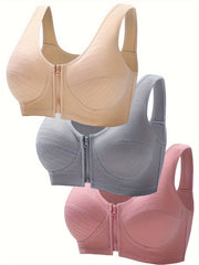 3pcs Front Buckle Wireless Bras, Comfy & Breathable Women's Lingerie