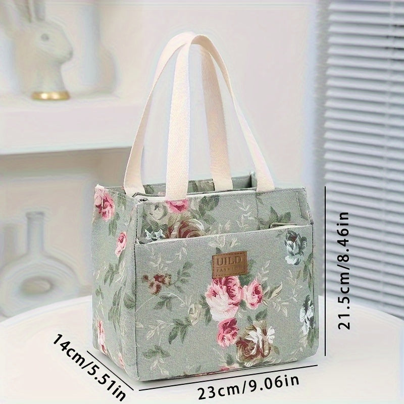 Floral Print Insulated Lunch Bag Waterproof Large Capacity Rectangular Carrier