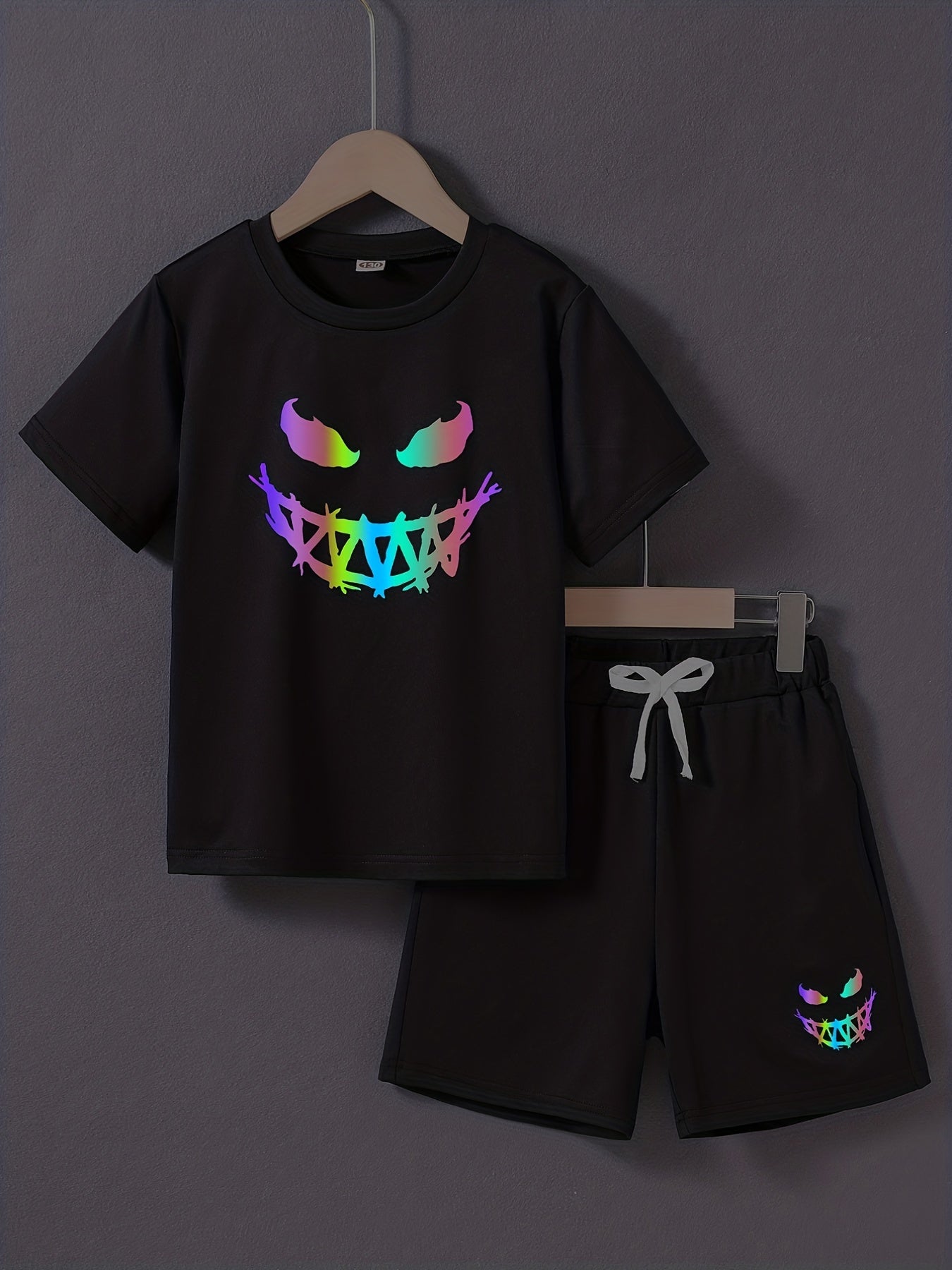 Boys Happy Face Print T-shirt & Shorts Set Summer Outfit