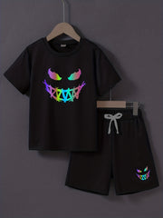 Boys Happy Face Print T-shirt & Shorts Set Summer Outfit