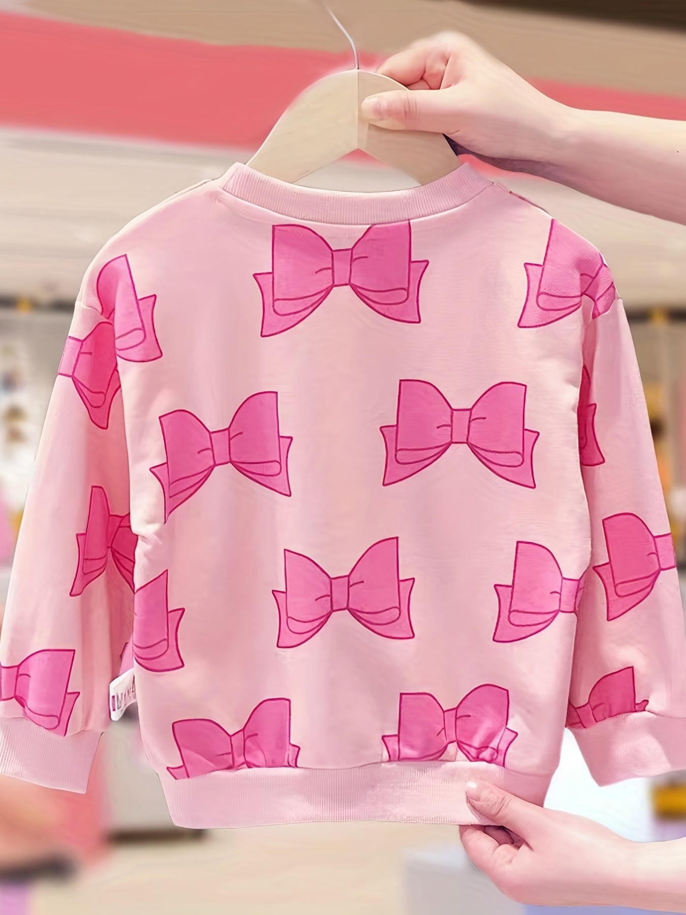 Girls Bow Print Crew Neck Sweatshirt Long Sleeve Pullover Top