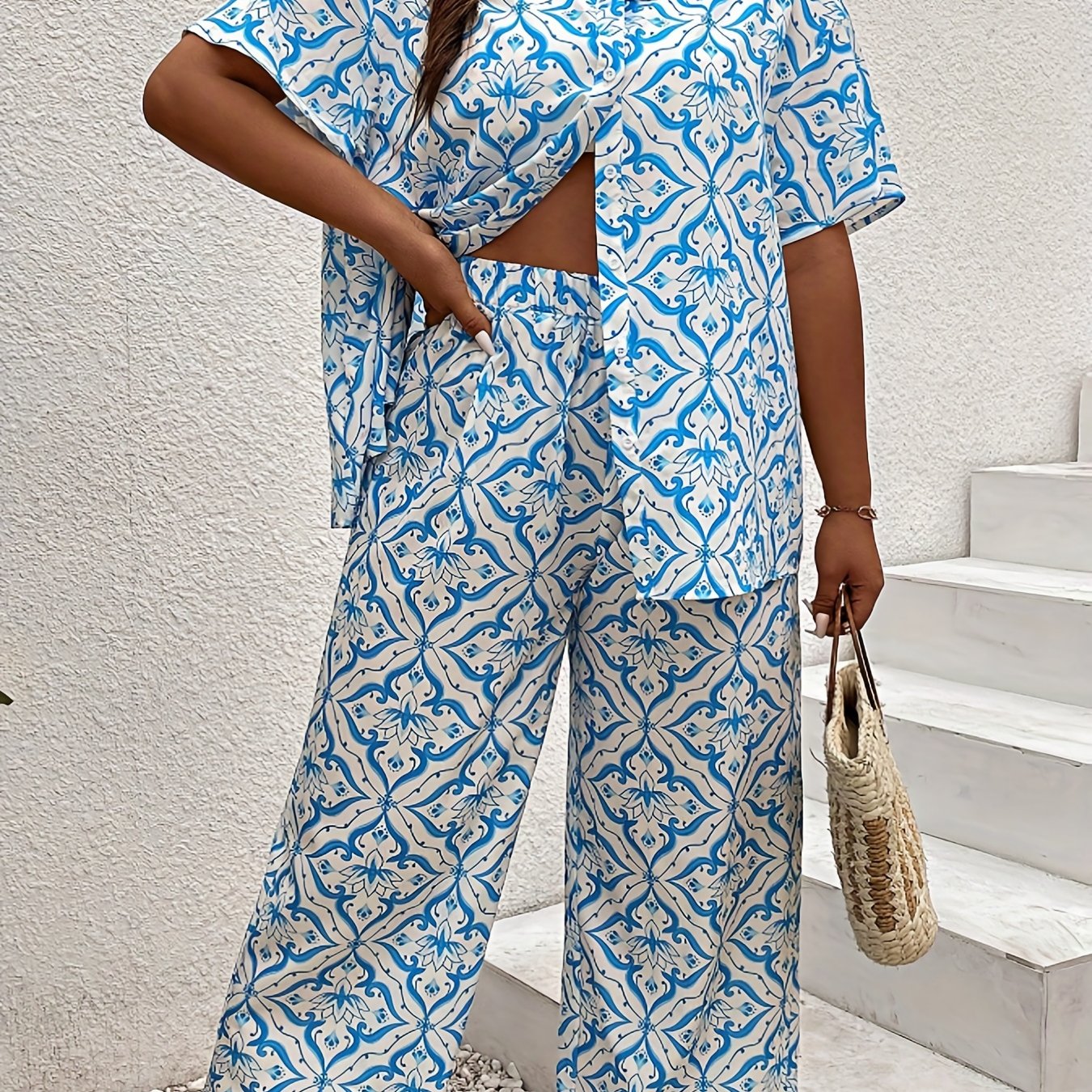 Women's Plus Floral Print Short Sleeve Blouse & Wide Leg Pants Set