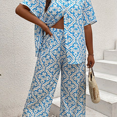 Women's Plus Floral Print Short Sleeve Blouse & Wide Leg Pants Set
