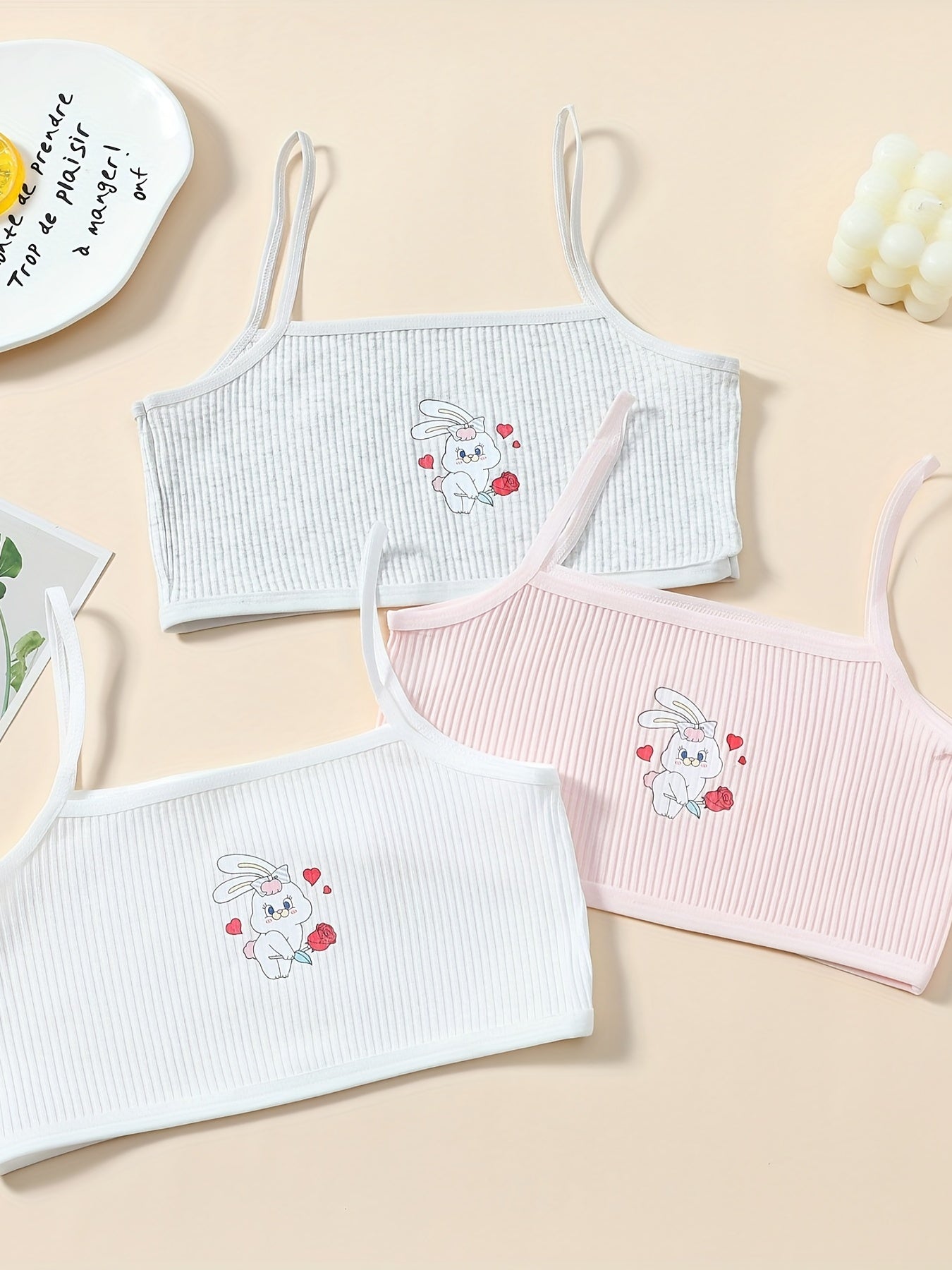 3pcs Girl's Elastic Soft Bras Cartoon Graphic Undershirts Set For 9-14 Years