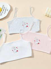 3pcs Girl's Elastic Soft Bras Cartoon Graphic Undershirts Set For 9-14 Years