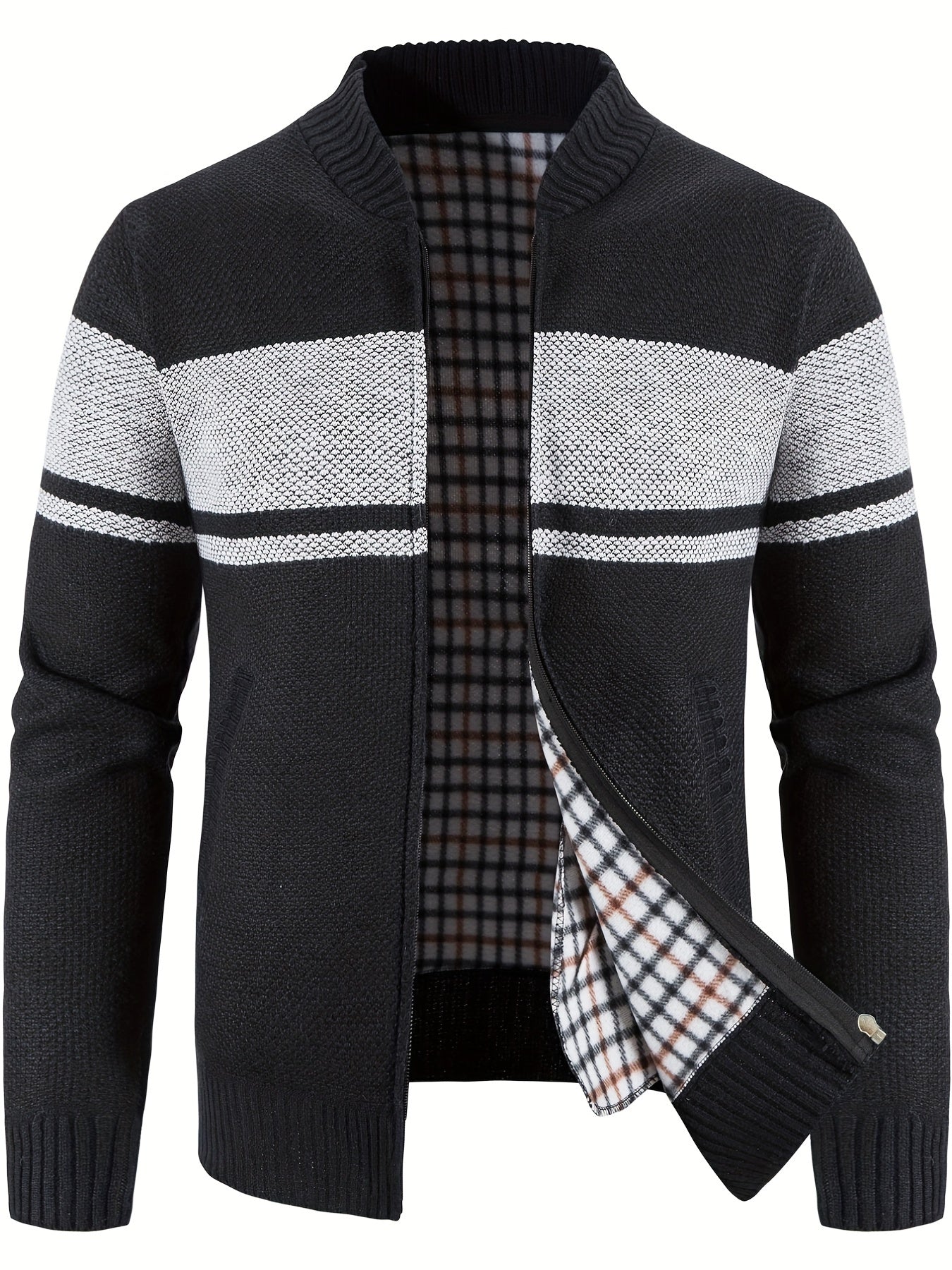 Men's Block Fleece Jacket Baseball Collar Zip Up Knitted Cardigan