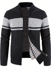 Block Band Collar Cardigan Men's Zip Up Jacket for Fall Winter