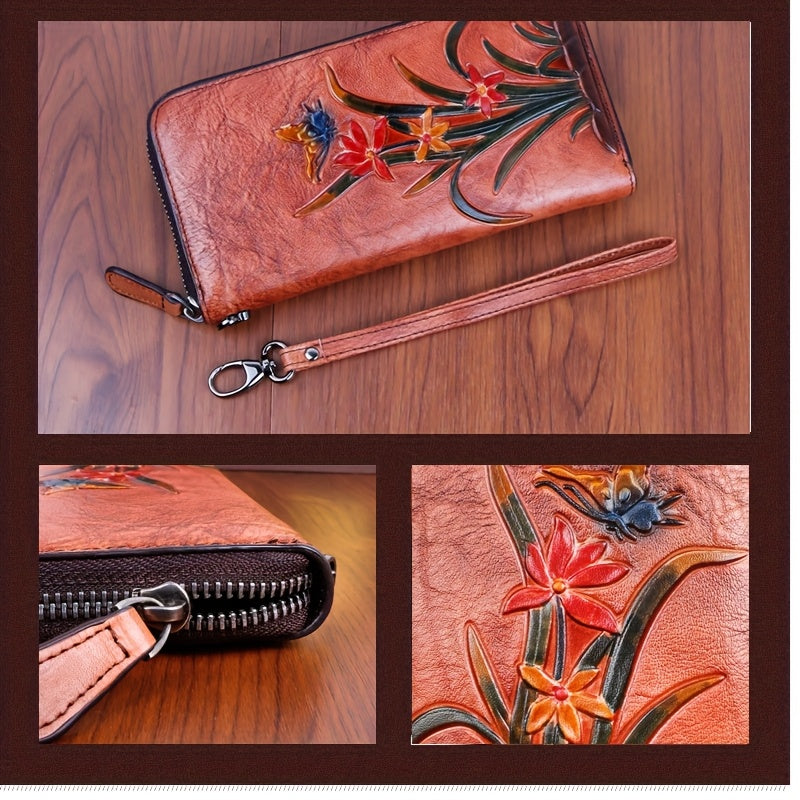 Vintage Leather Wrist Wallet Coffee & Floral Print