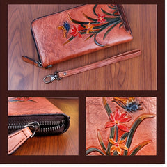 Vintage Leather Wrist Wallet Coffee & Floral Print