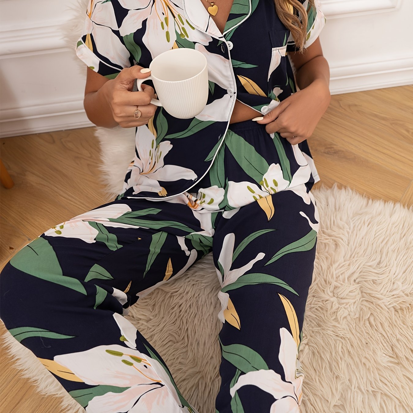 Floral Satin Pajamas Set Long Sleeve Nightwear Pants
