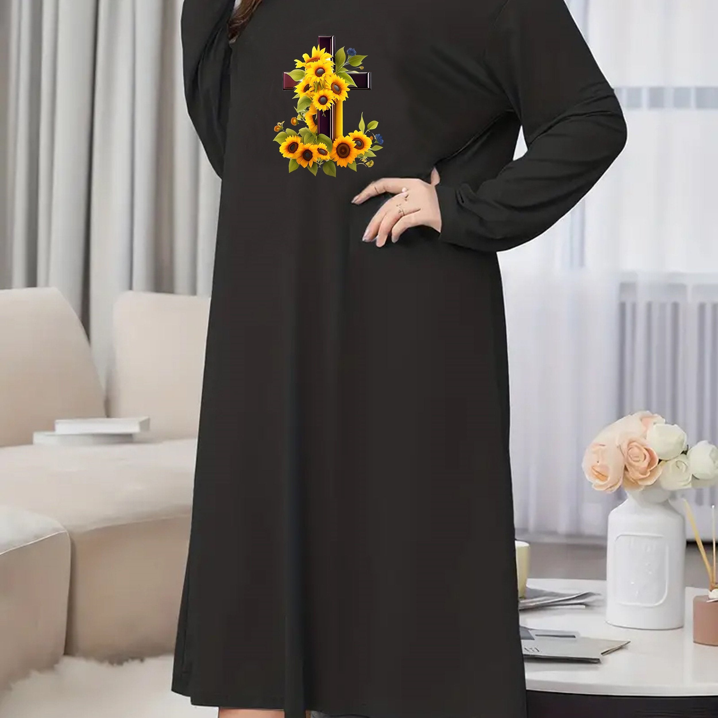 Sunflower & Cross Print Long Sleeve Tee Sleep Dress