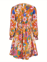 Women's Floral Print Lantern Sleeve Round Neck Dress