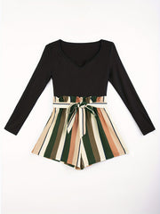 Striped Print Splicing Romper Casual Long Sleeve Wide Leg Romper