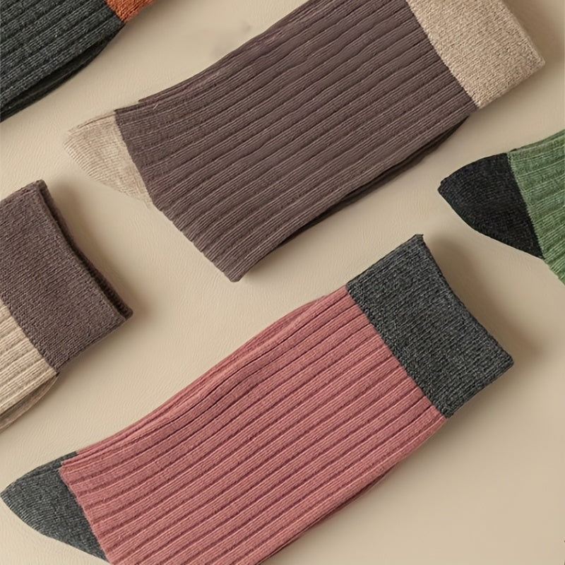 7 Pairs Colorblock Crew Socks Comfy & Breathable Women's Stockings