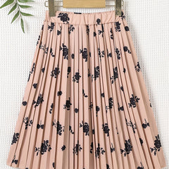 Floral Pleated Skirt Elastic Waist Midi Skirts