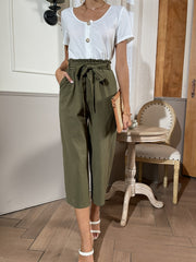 Casual Two Piece Set Button Front T-Shirt & Tie Front Crop Pants Outfits