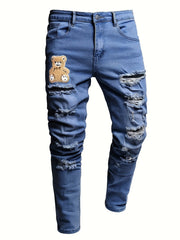 Slim Fit Toy Bear Ripped Jeans Men's Casual Denim Pants
