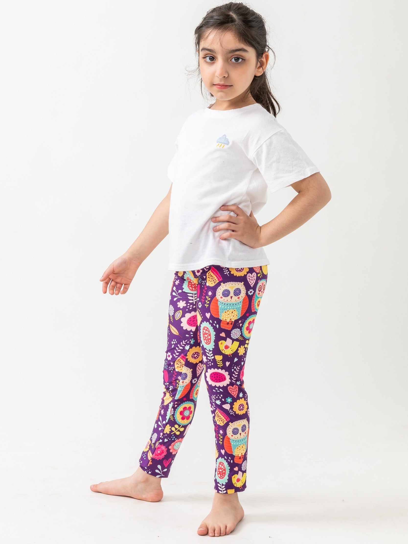Girls High Stretch Soft Leggings Owls And Flowers Pattern