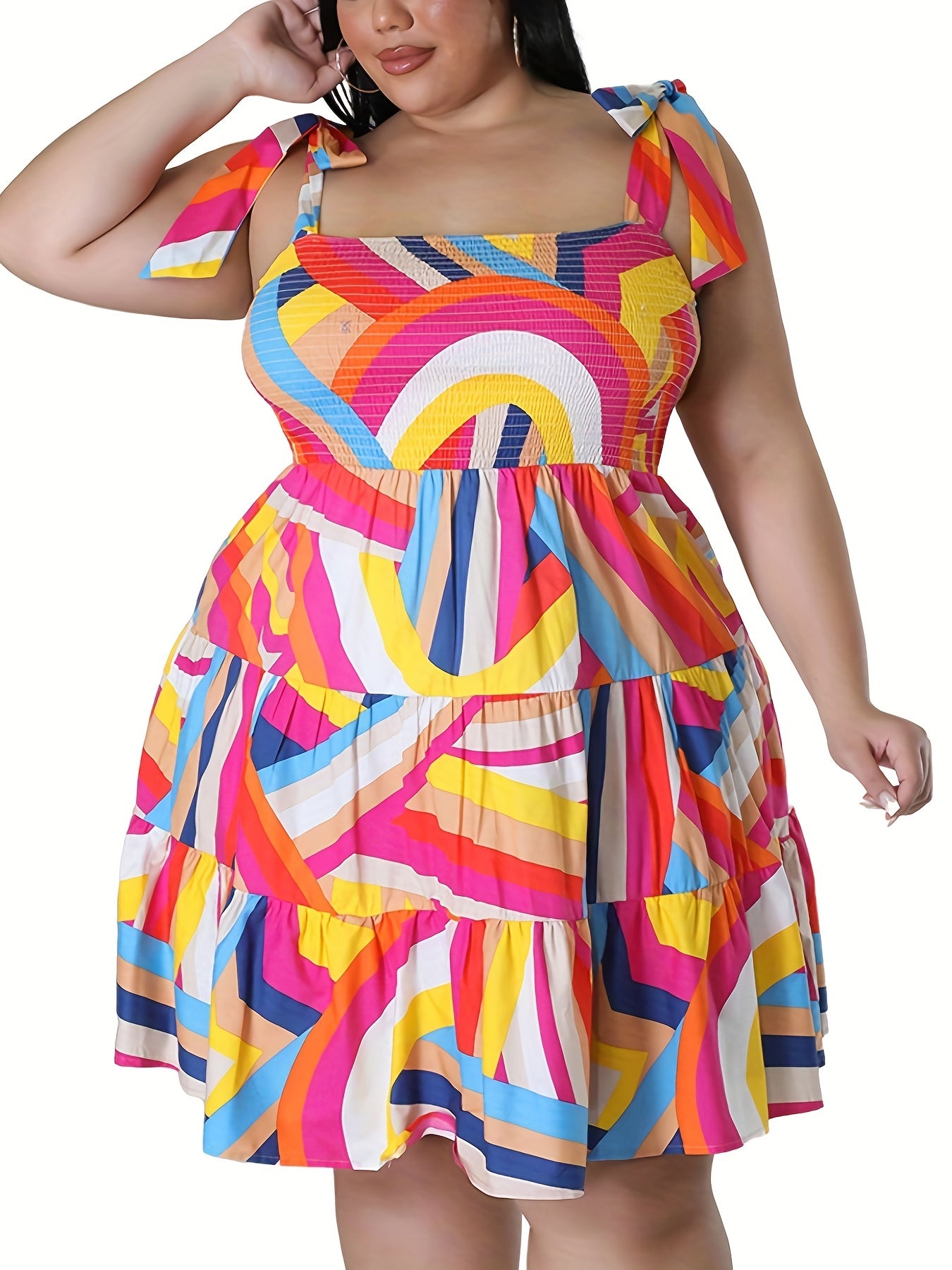 Women's Plus Abstract Print Ruffle Trim Smock Cami Dress
