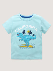 Boys Skating Dinosaur Print Cartoon T shirt Kids Short Sleeve Comfy Cotton Top