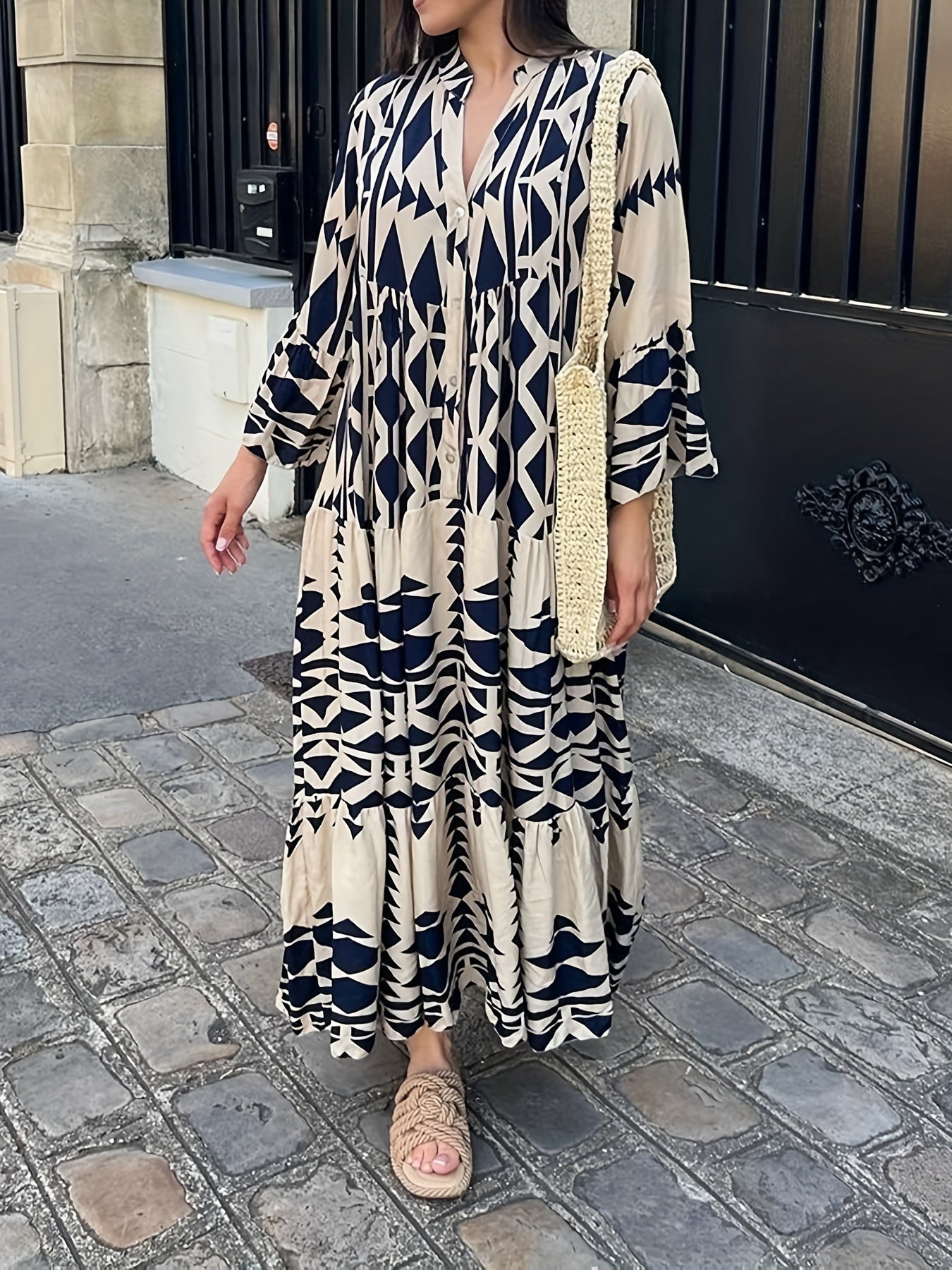 Geo Print Tiered Dress Button Front Boho Long Sleeve