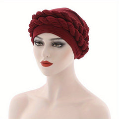 Double Braid Pre tied Turban Cap Solid Pleated Head Wrap Elastic Bonnet
