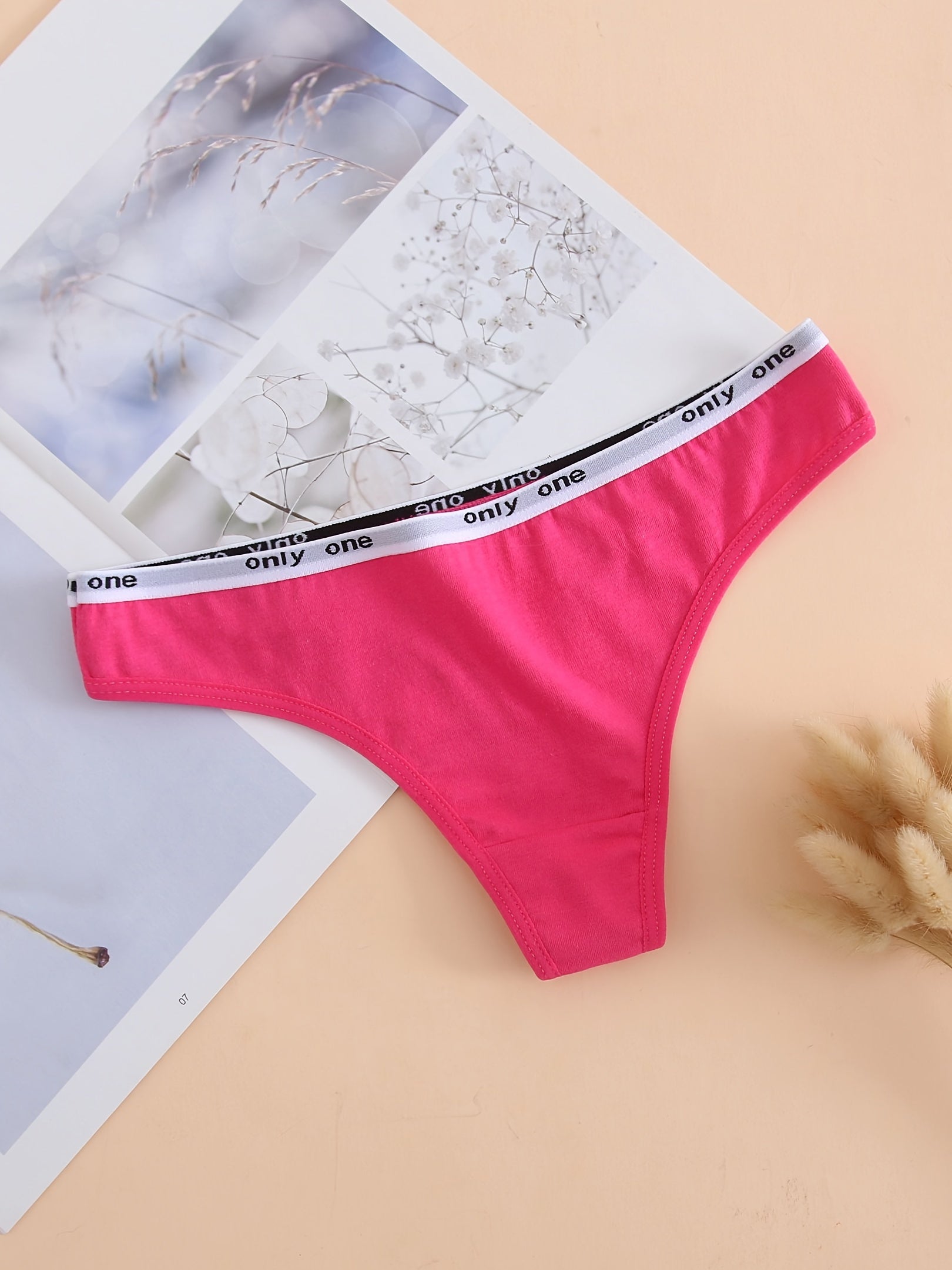 6 Pack Cotton Thong Panties, Solid Alphabet Waistline, Women's Lingerie