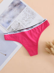 6 Pack Cotton Thong Panties, Solid Alphabet Waistline, Women's Lingerie