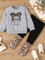 Toddler Girl Figure Print Pullover Sweatshirt And Leopard Panel Pants Set
