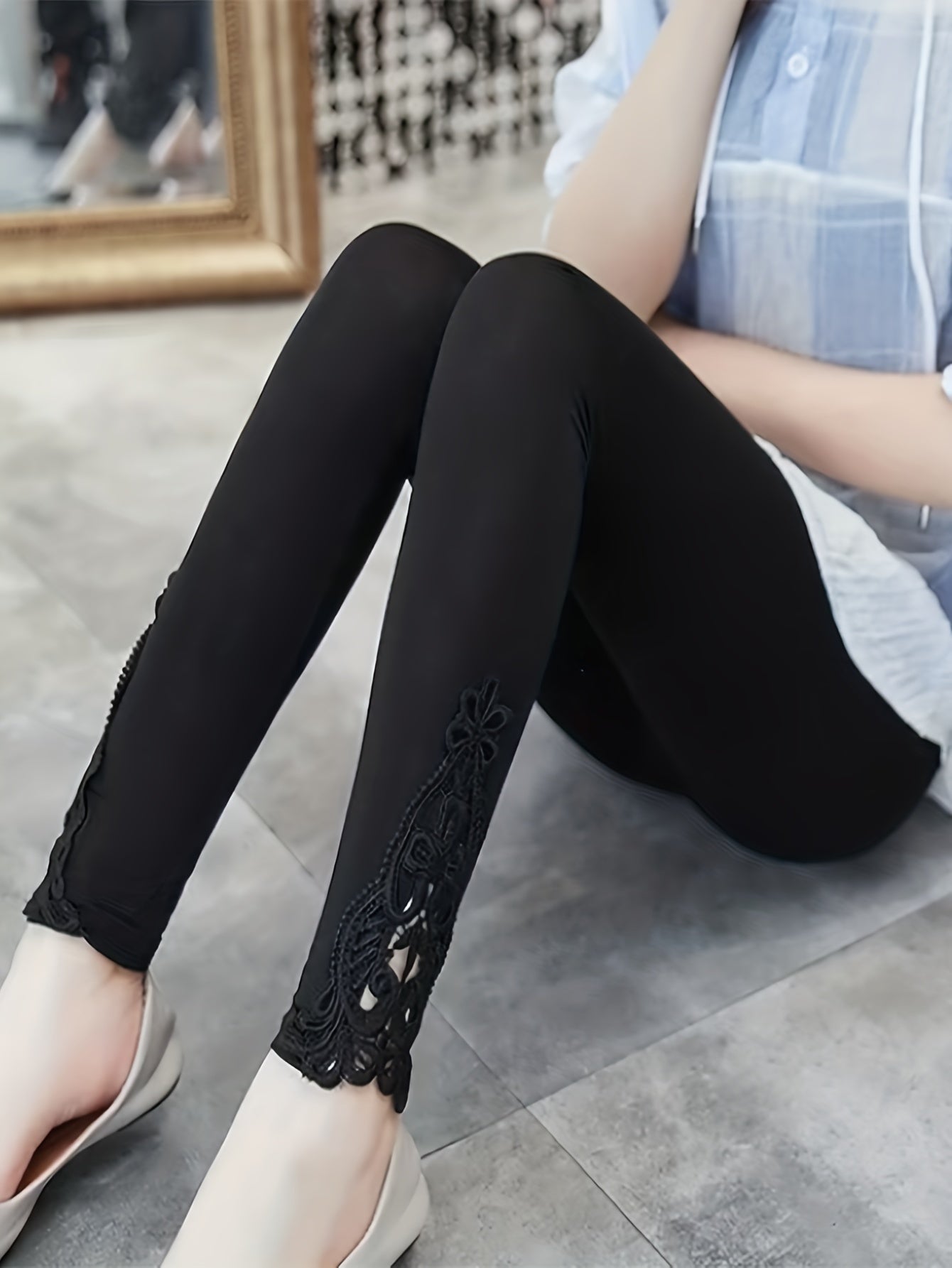 Solid Contrast Lace Leggings for Women