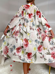 Floral Print Mesh Lingerie Set with Long Sleeve Robe & Lace V Neck Slip Dress