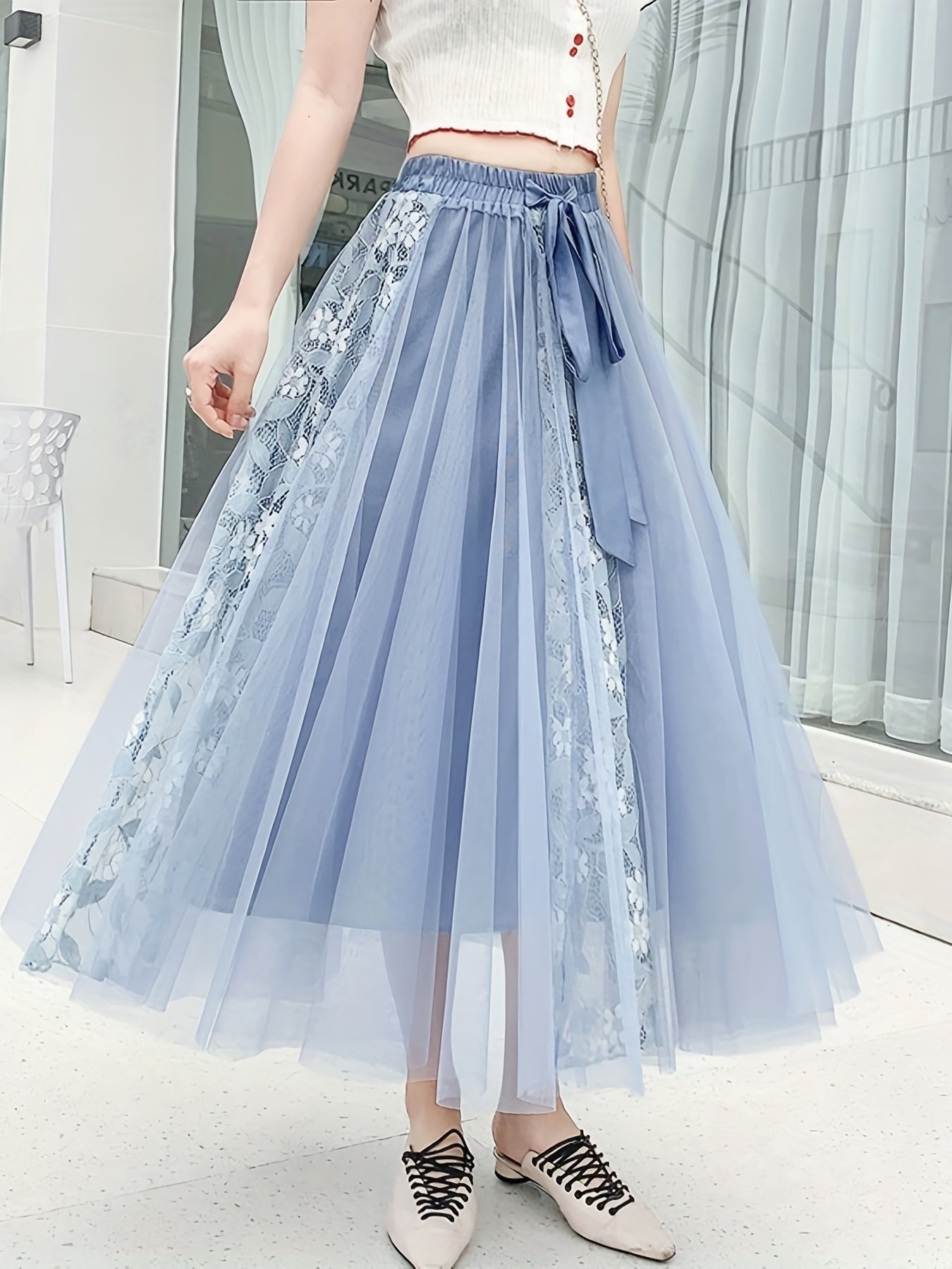 Lace Pleated Maxi Skirt with High Waist