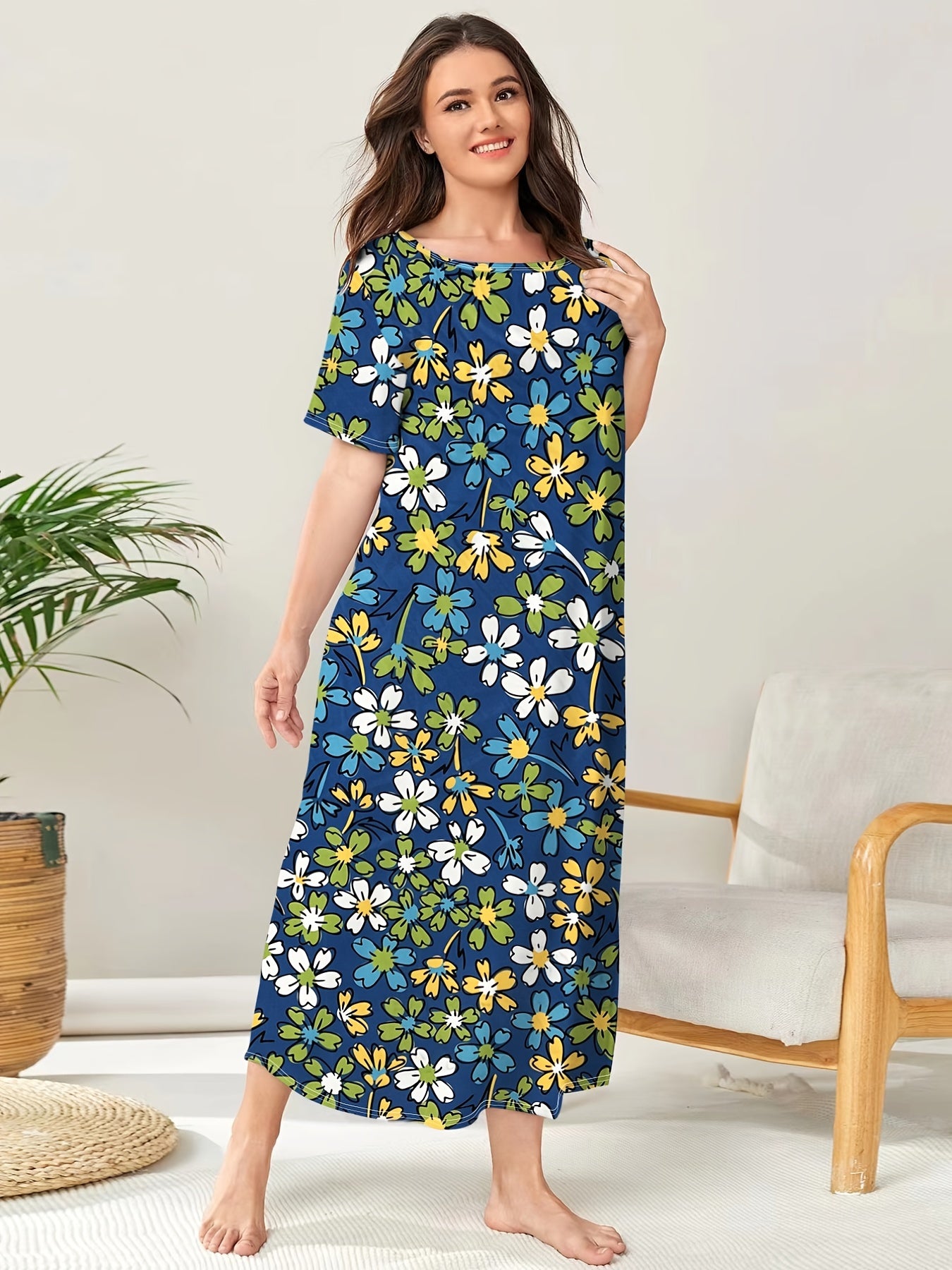 Colorful Floral Print Plus Size Lounge Dress